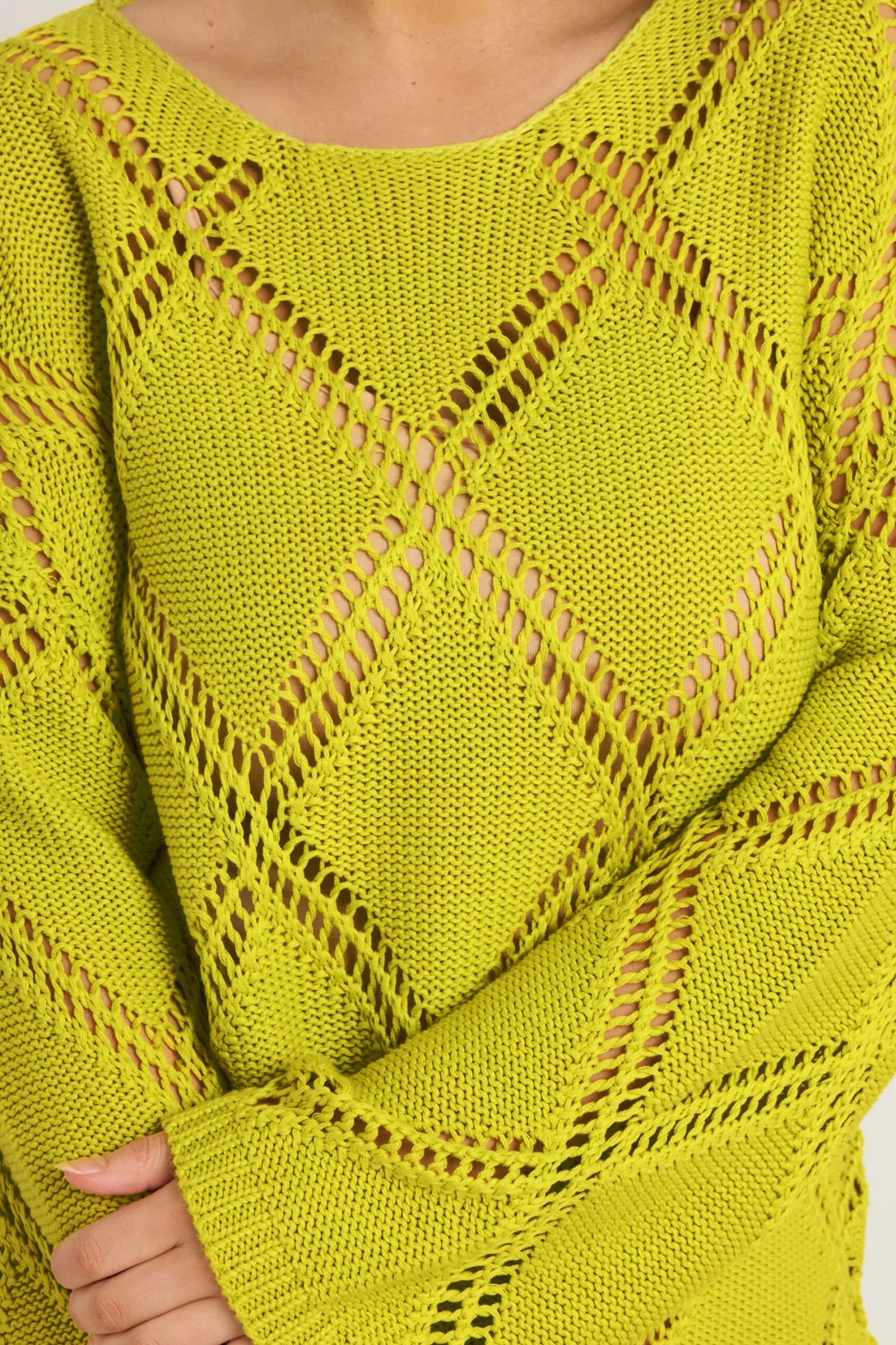 EVANS Curve Chartreuse Green Diamond Pointelle Jumper 7 EVANS Curve Chartreuse Green Diamond Pointelle Jumper – Image 5