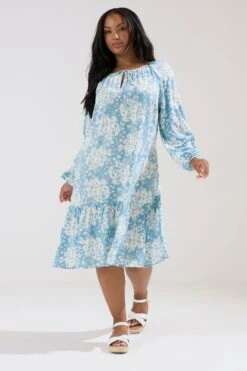 YOURS Curve Robe Mi-longue Bleu Clair à Fleurs Et Col Noué