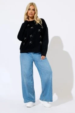 YOURS - Sweat-shirt Noir à Nœud Sur Le Devant -Evans Boutique ef978f2a cddb 4c 126778 B