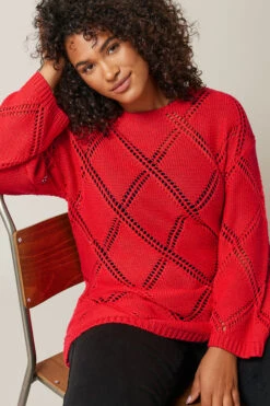 EVANS Curve Red Diamond Pointelle Jumper -Evans Boutique f038803b 0183 44 615473 D