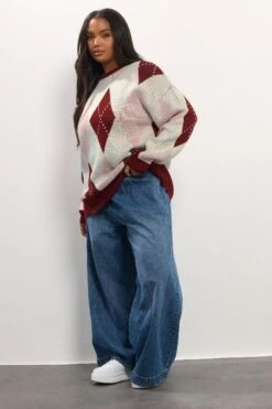 YOURS Curve Pull En Maille Rouge à Motif Losanges -Evans Boutique f0e7931a 0605 4e 280718 B