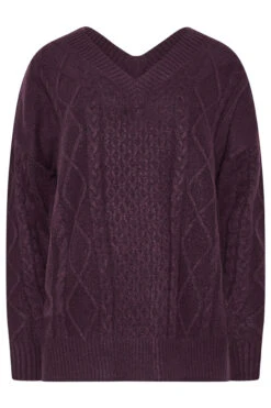LTS Tall Dark Purple Cable Knit V-Neck Jumper 11 LTS Tall Dark Purple Cable Knit V-Neck Jumper -Evans Boutique f19aa4d9 75e7 4b 353827 X