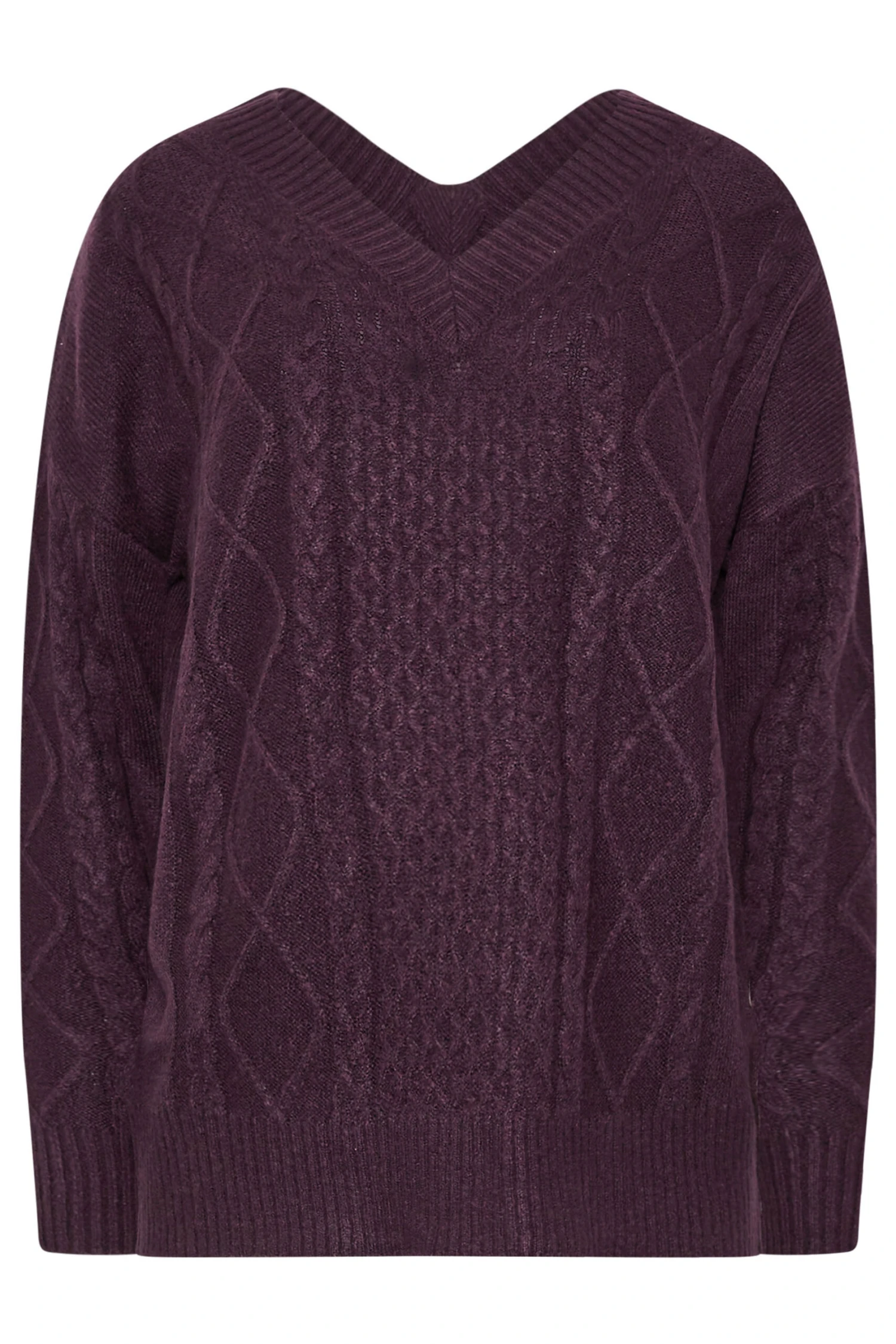 LTS Tall Dark Purple Cable Knit V-Neck Jumper 7 LTS Tall Dark Purple Cable Knit V-Neck Jumper – Image 5