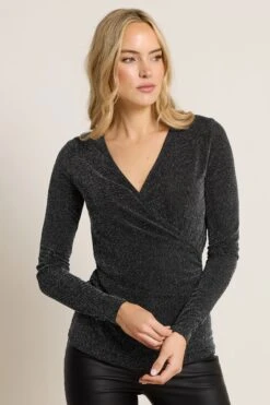 LTS Tall Black Glitter Wrap Top