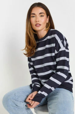 LTS Tall Navy Blue Striped Button Sweatshirt