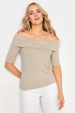 LTS Tall Stone Brown Short Sleeve Bardot Top