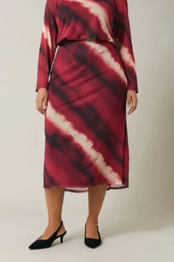 EVANS Curve Burgundy Red Abstract Print Mesh Midi Skirt