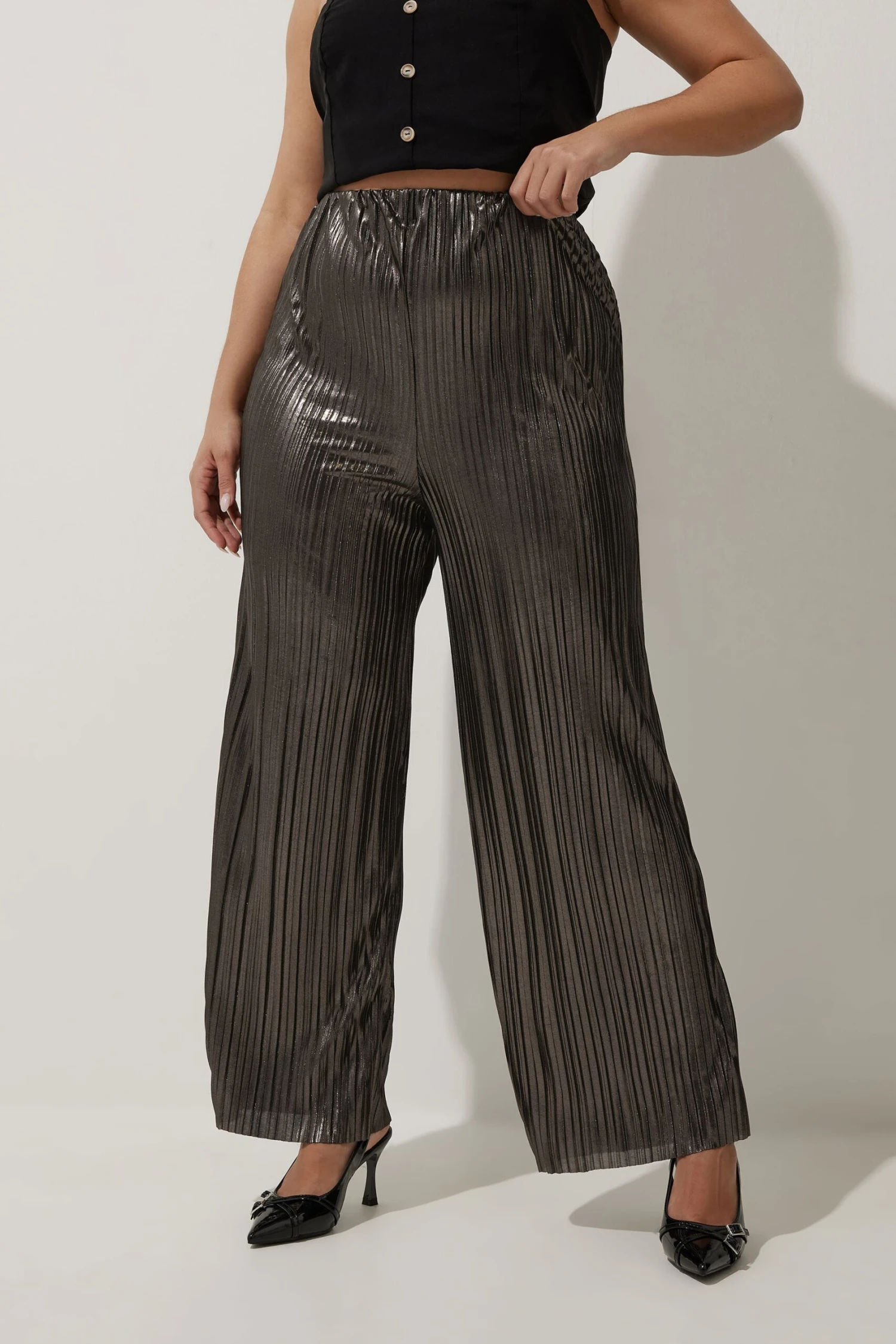 LIMITED COLLECTION - Pantalon Métallique Plissé Marron Coupe Wide Leg 3 LIMITED COLLECTION - Pantalon Métallique Plissé Marron Coupe Wide Leg