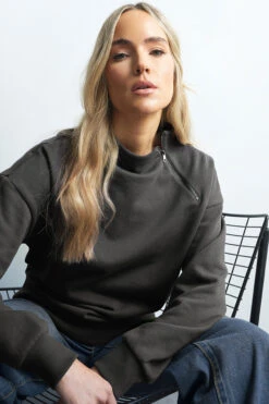 LTS Tall Charcoal Grey High Zip Neck Sweatshirt