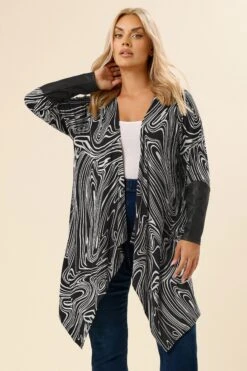 YOURS Curve Cardigan Noir à Manches En Similicuir Abstrait