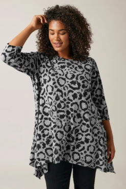 EVANS Curve Grey Leopard Print Hanky Hem Top