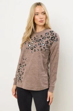 LTS Tall Brown Animal Embellished Jumper
