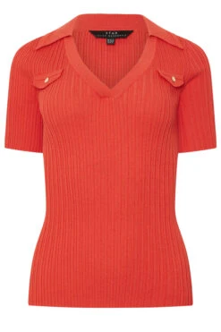 STAR Coral Orange Knitted Pocket Collar Top 13 STAR Coral Orange Knitted Pocket Collar Top -Evans Boutique fc26bc24 6661 4f 110782 X