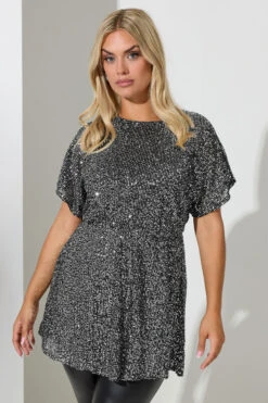 YOURS LONDON - Top Volanté Argenté Peplum à Sequins