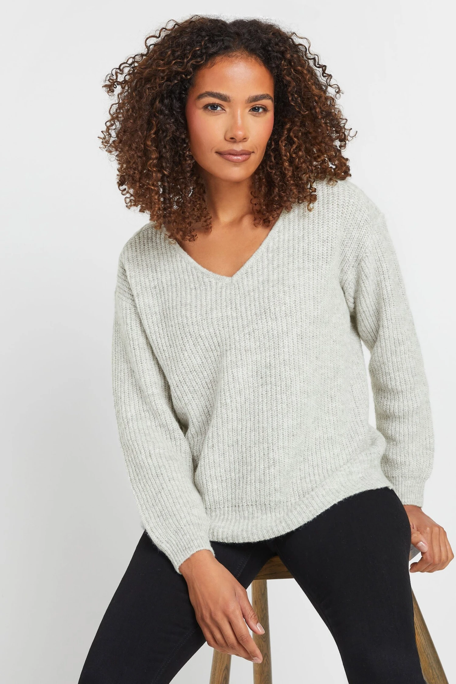 M&Co Grey V-Neck Cable Knit Shoulder Jumper 3 M&Co Grey V-Neck Cable Knit Shoulder Jumper