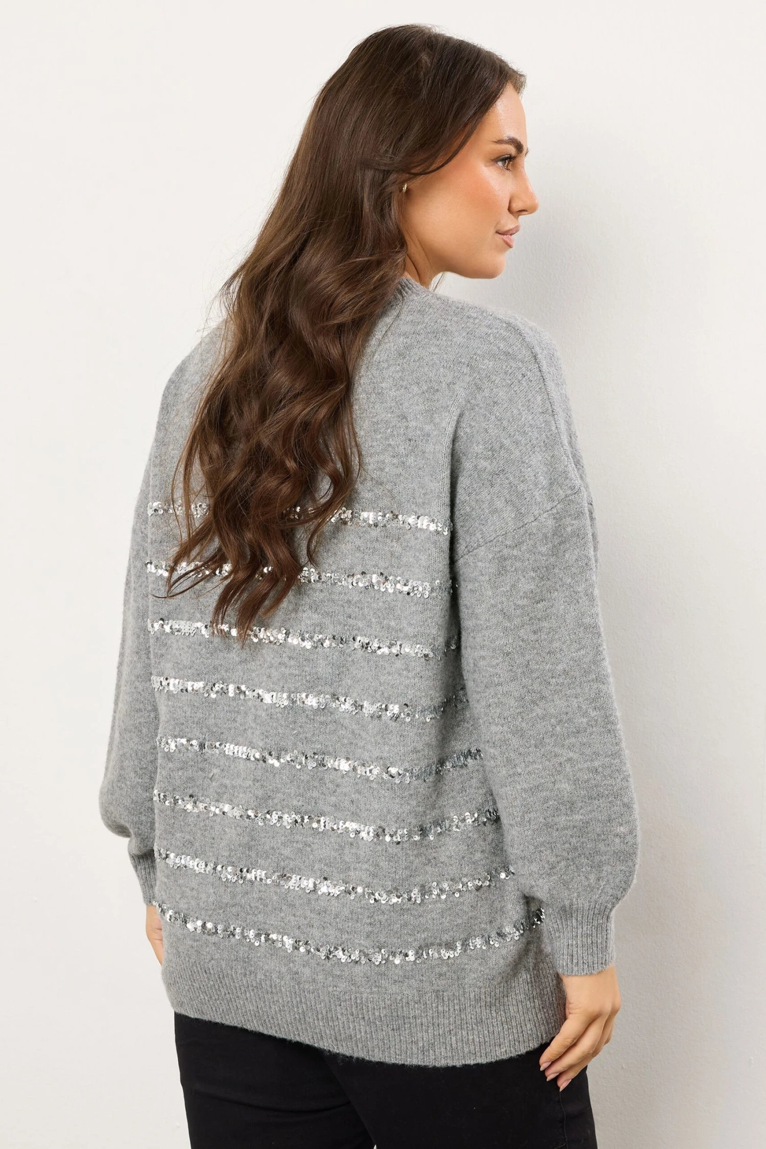 EVANS Curve Grey Sequin Embellished Stripe Jumper 5 EVANS Curve Grey Sequin Embellished Stripe Jumper – Image 3