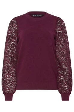 LTS Tall Burgundy Red Lace Sleeve Knit Jumper -Evans Boutique fdb2ebc0 b6f8 4d 356084 X