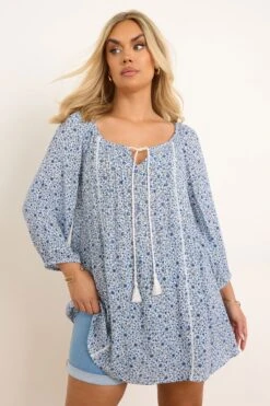 YOURS - Top Volanté Bleu Floral Manches Longues