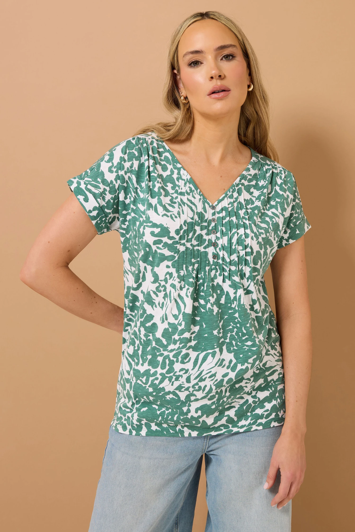 LTS Tall Sage Green Cotton Abstract Floral Henley Top 3 LTS Tall Sage Green Cotton Abstract Floral Henley Top