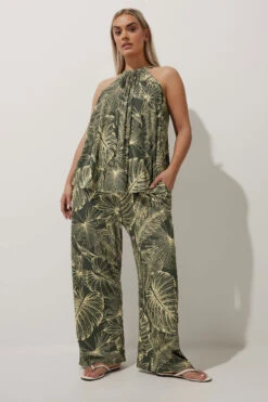 LIMITED COLLECTION - Pantalon Vert Wide Leg Feuilles De Palmiers